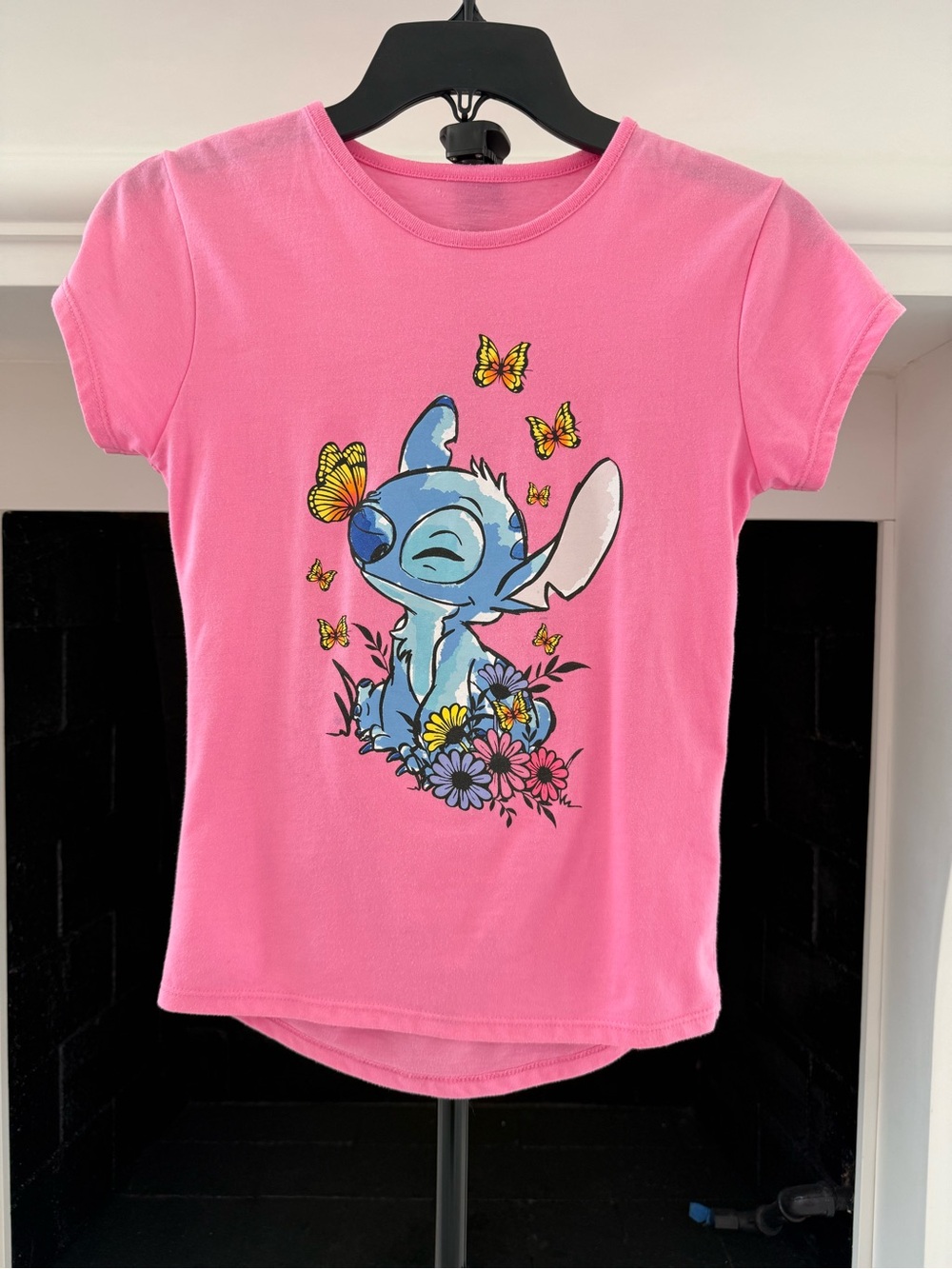 Disney Pink Tee with Blue Stitch and Yellow Butterflies